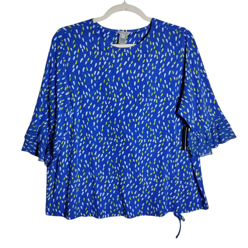 Multiples Womens 2X Blue Abstract Print Ruffle Sleeve Knit Top